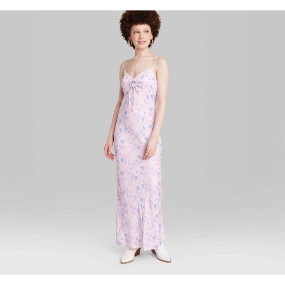 Wild Fable Floral Slip Maxi Dress Size M Pink Cottage Ruched Front Coquette